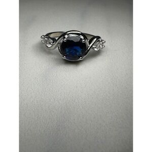 925 Sterling Silver Blue Round Cut Bypass Ring Size 7 Clear Accents